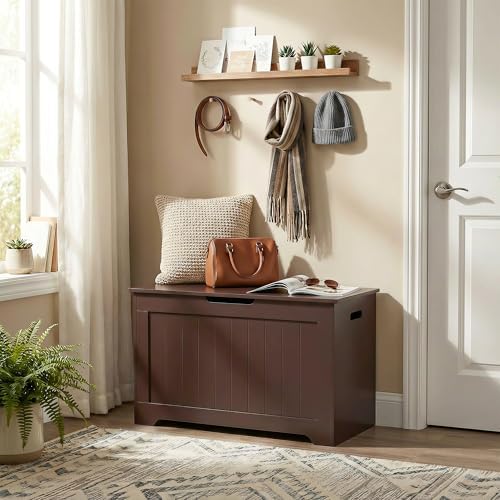 SUPER DEAL Storage Chest, 30 inches Toy Chest Box Organizer with 2 Safety Hinges, Wooden Entryway Storage Bench, Brown - Image 4