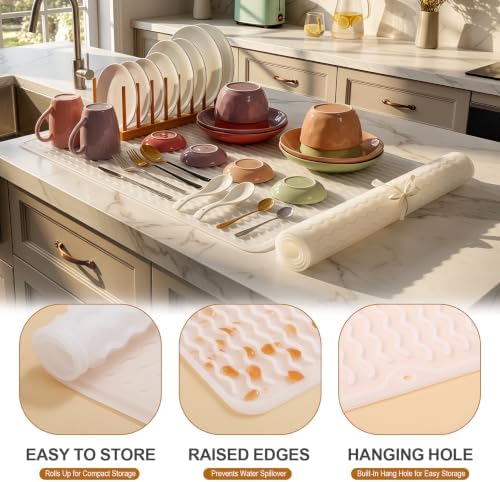 2 Pack Silicone Dish Drying Mat for Kitchen Counter Shower Caddy Rack Waterproof Under Sink Placemats Trivets Coffee Bar Accessories Dog Cat Must Haves Extra Large 24"x18" Transparent - Image 2