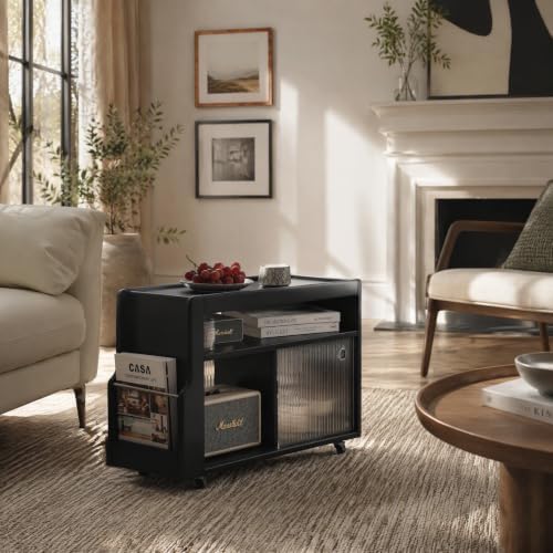 Side Table with Storage, Solid Wood Rolling End Table for Couch by Wayshome