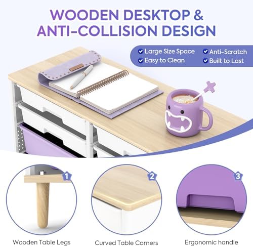TOOLF 12 Drawers Storage Cabinet with Wooden Top and Plastic Bins,Purple - Image 4