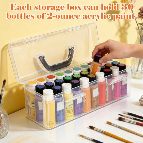 MUXHEL 3 Pcs Acrylic Paint Storage Organizer Box with Handle, 30 Bottles Craft Paint Storage Organizer, Clear Plastic Paint Storage Box for 2 Fl. oz Acrylic Paints - Image 4