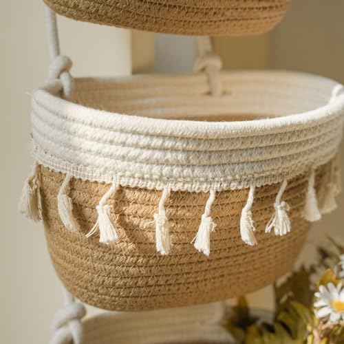 TeoKJ 3-Tier Cotton Rope Baskets with Tassels Over the Door Wall Hanging Baskets for Nursery, Living Room, Bathroom, Door Storage Organizer for Decoration Jute&White - Image 3