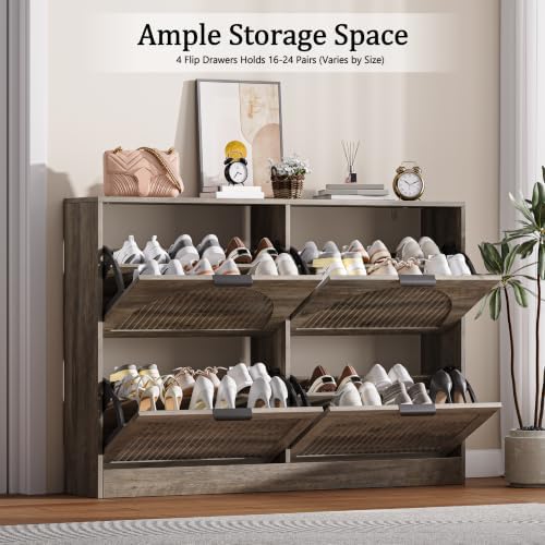 Fluted Shoe Storage Cabinet for Entryway, 4 Flip Drawers, Grey - Image 3