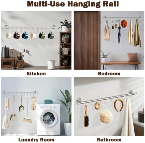 26 Inch Kitchen Utensil Rack, SUS304 Stainless Steel Pot and Pan Hanging Rail with 10 Sliding Hooks, Heavy Duty Wall Mounted Hanger and Organizer for Cookware, Mugs, Lids (Brushed Nickel) - Image 5