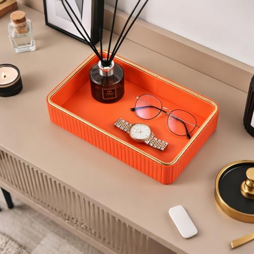 PU Leather Valet Tray,Desk Organizer Tray Nightstand Organizer Trinket Dish Storage Key Bowl Decorative Trays for Phone Wallet Jewelry Watch Bathroom Bedroom Perfume Vanity Trays,Orange - Image 3