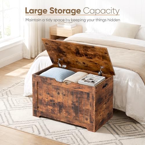 SUPER DEAL Storage Chest, 30 inches Chest Box Organizer with 2 Safety Hinges, Wooden Entryway Storage Bench, Rustic Brown - Image 5