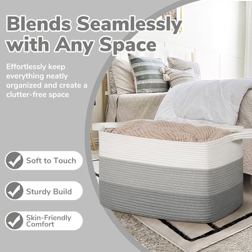 Goodpick Large Woven Rope Blanket Basket, Rectangle, Light Gray - Image 5