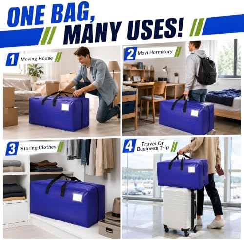 8 Pack Heavy Duty Moving Bags 25 Gallon – Extra Large Moving Boxes with Reinforced Wrap-Around Handles & ID Window, Waterproof Storage Bags for Moving, College Dorm, Home Organization – Blue - Image 7