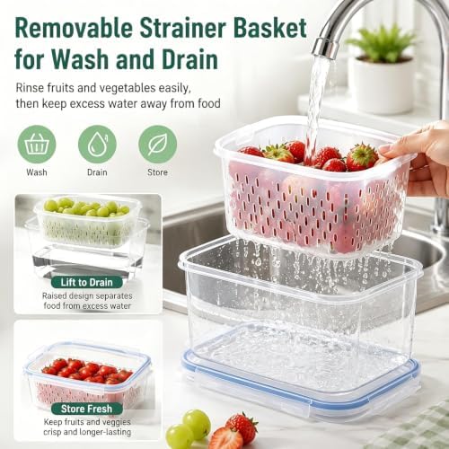 3 Pack Fruit Storage Containers for Fridge with Removable Colander and Lids - Image 4