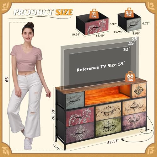 WLIVE LED Dresser TV Stand for 55 Inch TV, 8 Fabric Drawers, Vintage - Image 2