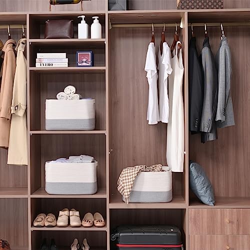 ICERZCZ Storage Baskets for Organizing Shelves, Woven Cotton Rope Bins for Baby Nursery Organization, Book Toy Towel Organizer, 15"x11"x9.5", 3 Packs, Off White & Grey - Image 2