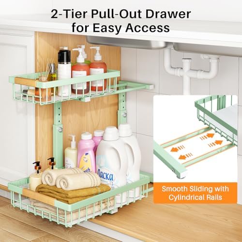 PXRACK Under Sink Organizer, Adjustable Height, 2 Tier Pull Out Under Cabinet Organizer, Slide Out Thickened Metal Under Sink Storage for Kitchen Bathroom Laundry Pantry Cabinet, Green, Large-2-Pack - Image 4