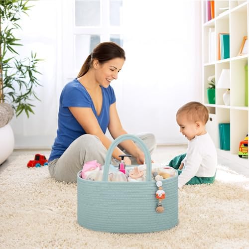 COMSE Baby Diaper Caddy Organizer with Handles, Cotton Rope, Light Green - Image 3