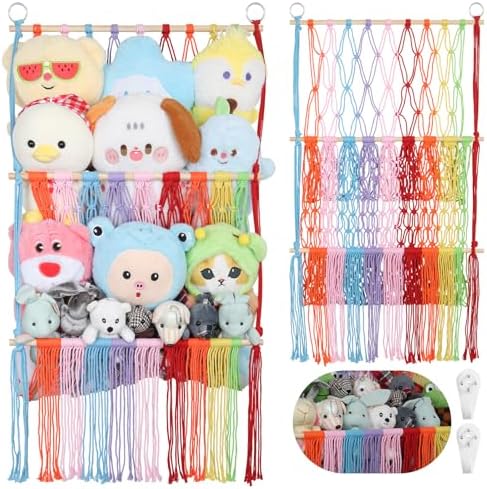 2 Tier Stuffed Animal Storage Net, Large Boho Plushies Stuffy Net,Rainbow by iHansee