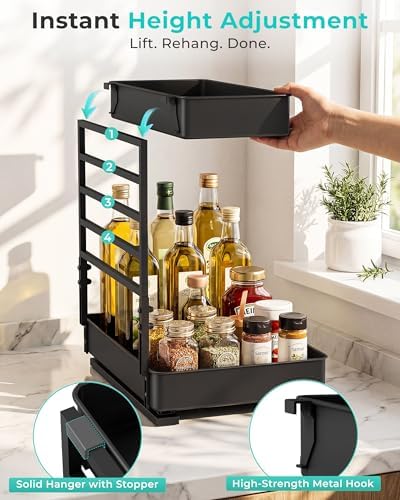 EVERIE Height Adjustable 2 Tier Metal Pull Out Slide Shelf Organizer for Under Sink Cabinets in Kitchen, Bathroom, with Snap-on Top Tray, 16" Deep (Black, 2 Sets) - Image 3