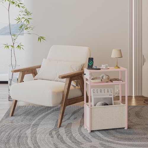 Leomonio Pink Side Table with Charging Station, Slim End Tables with Linen Basket, Skinny Table for Small Spaces, Thin Bedside Table for Living Room, Bedroom - Image 3