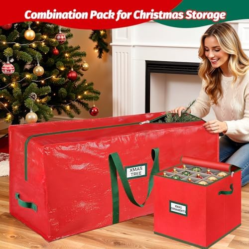 StorageRight Christmas Tree Bag & Ornament Storage Box Set, Water-Resistant 7.5 Ft Tree Storage & 64-Compartment Organizer with Dividers, Tag Pockets & Handles, Heavy-Duty Xmas Decor Containers, Red - Image 7