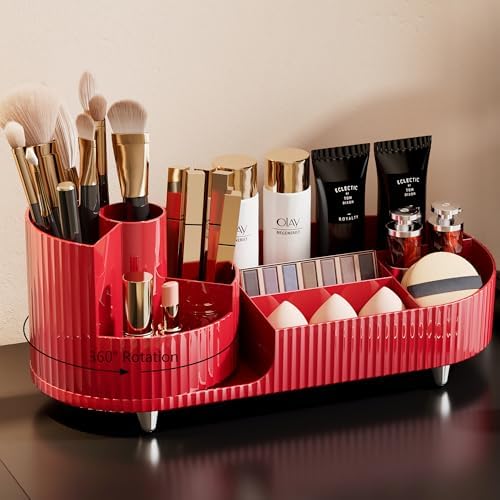 Rotating Makeup Organizer for Vanity with Brush Holder, Cosmetic Makeup Storage Organizer, Large Spinning Makeup Skincare Organizer, Countertop Makeup Perfume Organizer, Lotions Display Case Red by COMFYROOM
