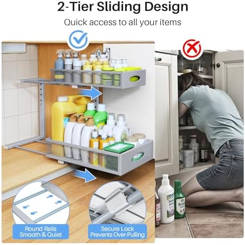 Under Sink Organizer, 2 Tier Pull Out Under Cabinet Organizer Shelf with Pad for Framed Cabinets, Metal Slide Out Under Sink Storage, Mesh Sliding Drawers for Kitchen Bathroom Laundry(Grey, 1 Pack) - Image 4