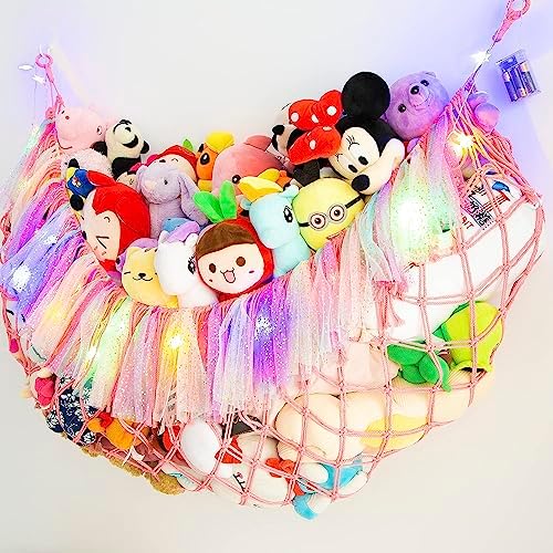 Jumbo Toy Hammock for Stuffed Animal Net Boho Macrame Toy Hammock with Led Light Stuffed Animal Storage Ideas Plush Toy Display Squishmallow Holder Net-Pink - Image 5