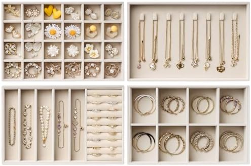 Velvet Jewelry Drawer Organizer Trays – Large Beige Stackable Jewelry Storage Inserts Set, 4-Layer Jewelry Tray Set for Earrings, Rings, Necklaces, Bracelets with Removable Dividers for Dresser,Vanity by pickpiff