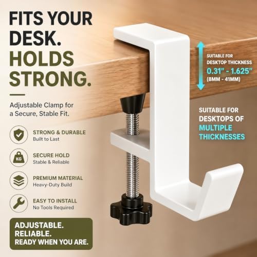Headphone Stand - Aluminum Alloy Headphone Holder, Under Headset Stand for Desk Fit for PC Gaming Headset Hanger Hook Suitable for Office, Computer, Student Class Desk, Handmade Creator Table (White) - Image 3