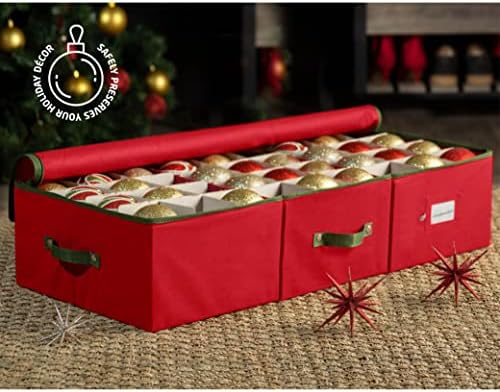 ZOBER Underbed Christmas Ornament Storage Box - Stores 72 Large 4" Ornaments, With Dividers - Tear Proof 600D Oxford Fabric, Ornament Organizer Storage Box, Durable Christmas Containers Holder - Red - Image 2