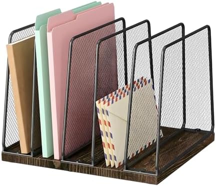 LEKETREE Desk File Organizer, 5-Section Upright File Sorter, Vertical File Folder Holder, Mesh Metal Wood Office Desktop Organization for Document, Magazine, Books and more (Wood and Black) by Stylishworkspaceeffortlessorganization