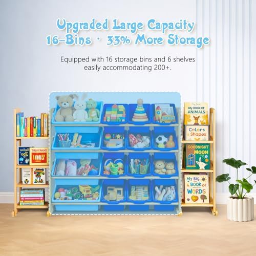 Kids Toy Storage Organizer with Bookshelf – Wooden Shelf with 16 Bins & 6 Shelves, Quick Assembly Storage Rack for Playroom, Bedroom, Nursery - Blue - Image 5