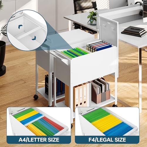MIIIKO Mobile File Cart with Lock, Rolling File Cabinet Hanging Letter/Legal File Folders with Lockable Sliding Cover, White File Organizer on Wheels - Image 3