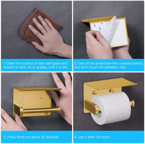 VAEHOLD Self Adhesive Toilet Paper Holder with Phone Shelf Stainless Steel Wall Mounted Toilet Paper Roll Holder - Rustproof and Bathroom Washroom Tissue Roll Holder with Storage Shelf - Gold - Image 7