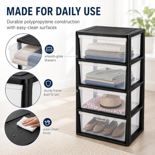 4 Drawer Storage Organizer, Wide Clear Plastic 4 Tier Drawer Unit (Black) - Image 7