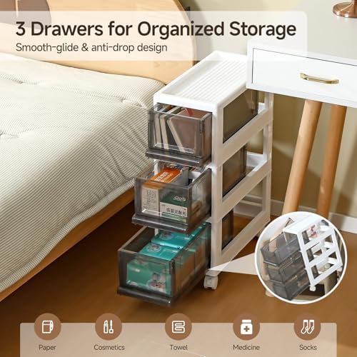 Plastic 3 Drawer Storage Organizer, Narrow Plastic Storage Drawers with Wheels, Storage Cart with Drawers for Small and Narrow Space, 7.87-inch Wide (gray) - Image 4
