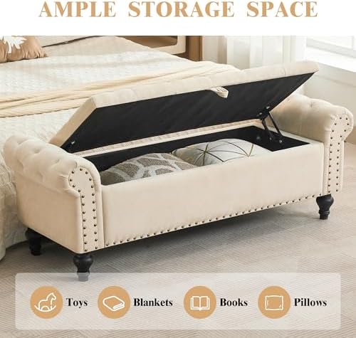 55" Storage Bench for Bedroom, Upholstered Ottoman Bench, Chenille Beige - Image 4