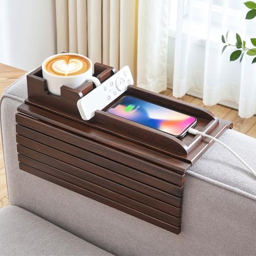 Couch Arm Tray, Bamboo Sofa Tray Table for Couch, Anti-Slip Armrest Organizer, 2-in-1 Split Design Fits Most Sofa Arms, Foldable Couch Cup Holder for Snacks, Phone, Control, Cups, Brown by Kssiaz