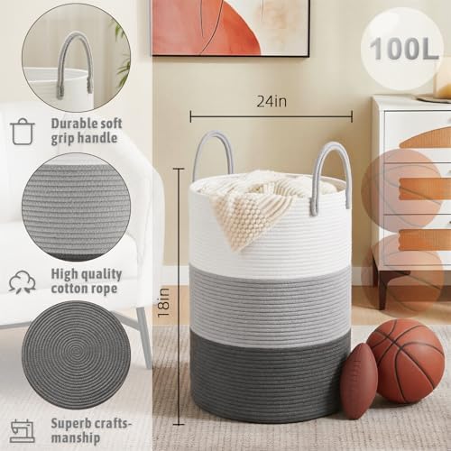 Artfeel Laundry Basket,Woven Cotton Rope Laundry Hamper,100L for Decorative Storage of Dirty Clothes,Toys and Blankets in Bathroom,Bedroom and Living Room - Image 6