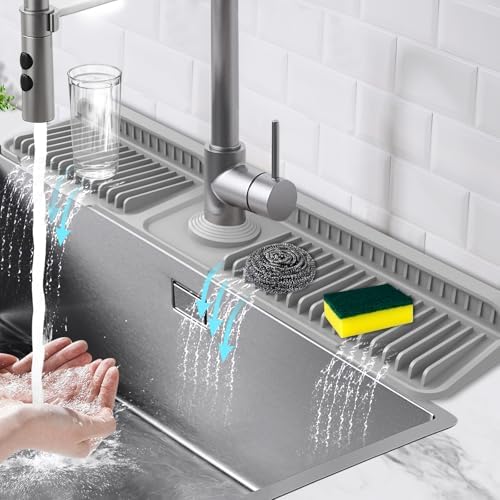 24-Inch Kitchen Sink Splash Guard Mat | 7° Slope for Fast Self-Draining | Snap-Lock Design | Universal & Cuttable Silicone Faucet Mat Gray by Hugro+Tarfive