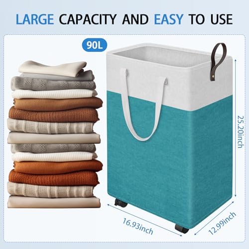 HomeHacks 90L Rolling Laundry Basket with 4 Wheels Collapsible Green - Image 2