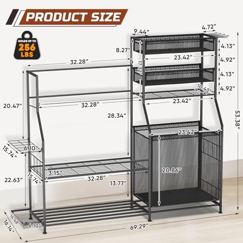 Garage Sports Equipment Organizer,3 Golf Bags Storage Stand,Heavy-Duty Ball Storage Rack with Basket and Hooks,Space-Saving Design for Toy Sports Gear Storage Indoor/Outdoor Use - Image 3