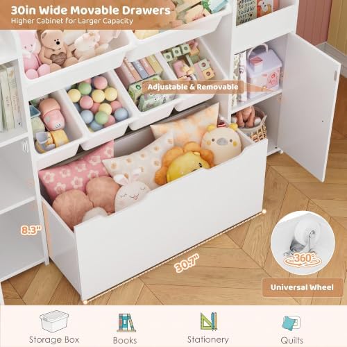 2 Pcs 55''W Storage Cabinet with Large Chest, Montessori Bookshelf, White - Image 3