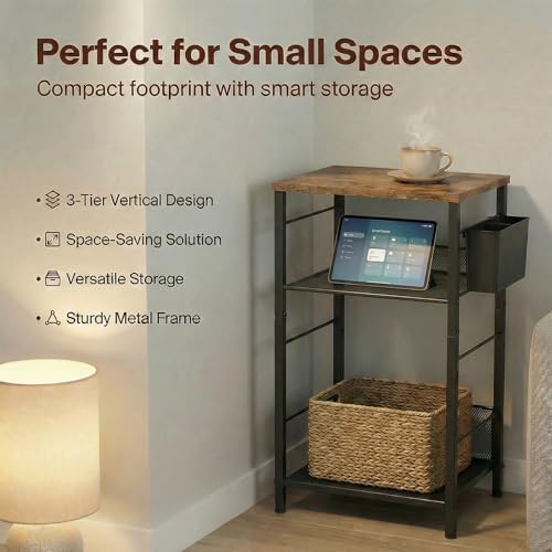 ECOLOVI Small 3 Tier Printer Stand for Under Desk, Height Adjustable Shelf Printer Table with 3 S-Hooks & Basket, Heavy Duty Industrial Storage Shelf for Home Office (Rustic Brown) - Image 4