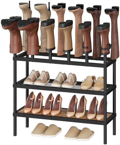 YATINEY Shoe and Boot Rack Organizer, Tall Boots Rack for Closet, Cowboy Shoes Storage, 4 Tier Shoe Racks Organizer Holds 14 Pairs, Black and Rustic Brown SS29BR by Yatiney