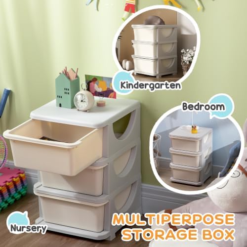 Qaba 3 Drawers Kids Storage Unit 3 Tier Toy Organizers Cream White - Image 6