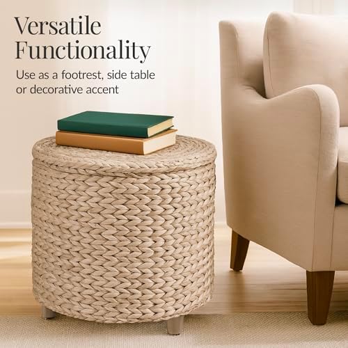 Best Choice Products 17" Round Storage Ottoman W/Lid, Handwoven Water Hyacinth Footstool, Footrest w/Wooden Legs, Accent Side Table, Storage Container, Plant Stand - Whitewash - Image 6