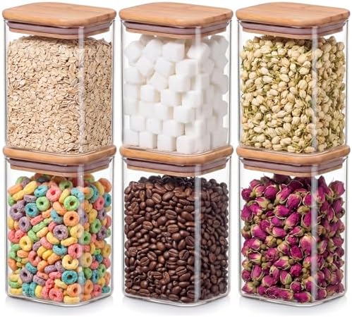 6-Pack 1.2Qt Rectangle Glass Storage Jars with Bamboo Lids by Unknown