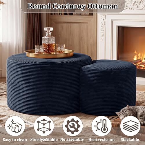 BSHOMGI Nesting Coffee Table Set of 2,Corduroy Ottoman Soft Foot Rest Movable LargePouf Footstool for Living Room Sofa Couch Bedroom Entryway and Small Spaces No Assembly (Blue, 32"+17") - Image 6