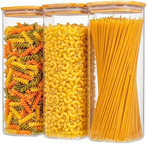 3-Pack 2.2Qt Square Glass Spaghetti Jars with Bamboo Lids by Unknown