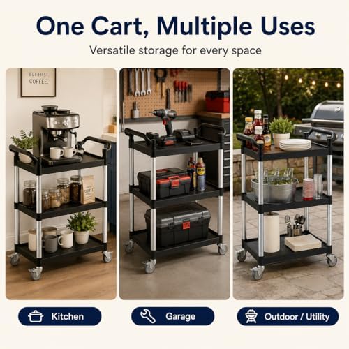 3-Tier Rolling Utility Cart with 2 Locking Brakes, 520 Lbs Heavy Duty 31.5"x15.7"x40.6" Commercial Service Cart, Tangle-Free Silent Wheels for Home, Office, Restaurant, Warehouse, Kitchen - Image 7
