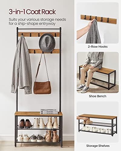 VASAGLE Coat Rack, Hall Tree with Shoe Storage Bench, 3-in-1, Steel Frame - Image 3