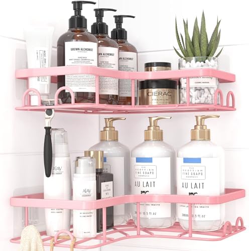 Sakugi Corner Shower Caddy - 2 Pack, Adhesive Shower Organizers, Rustproof Stainless Steel Shower Shelves with 8 Hooks, No Drilling Bathroom Organizers and Storage Racks, Space-Saving, Pink, Medium by Sakugi
